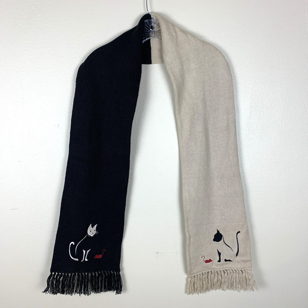 Christopher & Banks Scarf Cat Mouse Ying Yang Siamese Beige Black Artsy Boho